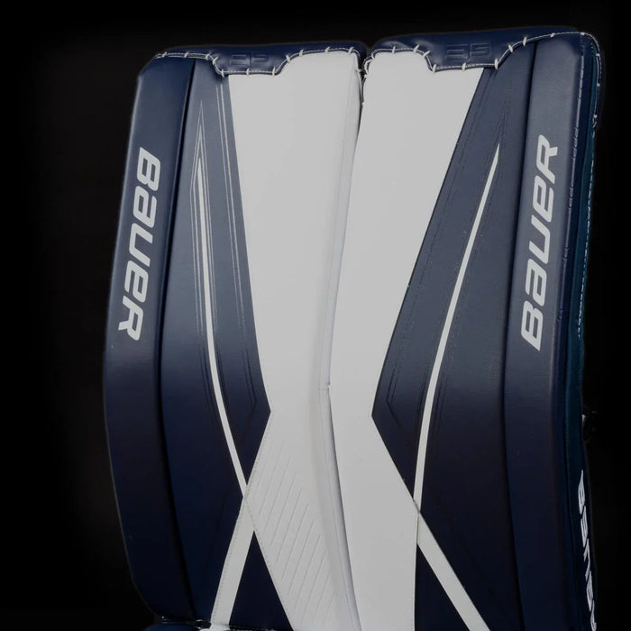 Bauer Supreme 3S goalie leg pads navy and white, hockey equipment at TheHockeyShop.com