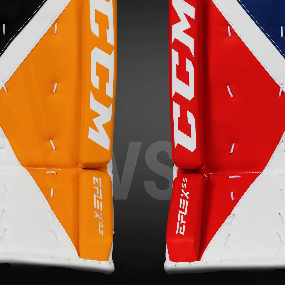 CCM EFlex 5.9 vs EFlex 5.5 goalie leg pads in orange and red at The Hockey Shop