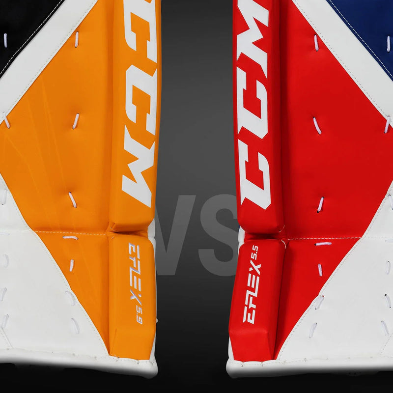 CCM EFlex 5.9 vs EFlex 5.5 goalie leg pads in orange and red at The Hockey Shop