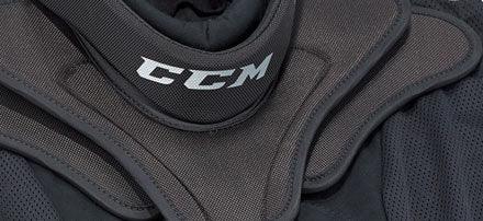 CCM hockey neck guard and shoulder protection, black, close-up at The Hockey Shop