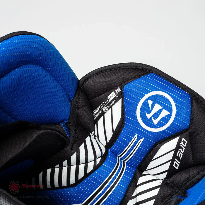 Warrior QRE 10 hockey pant interior detail with blue padding, available at TheHockeyShop.com