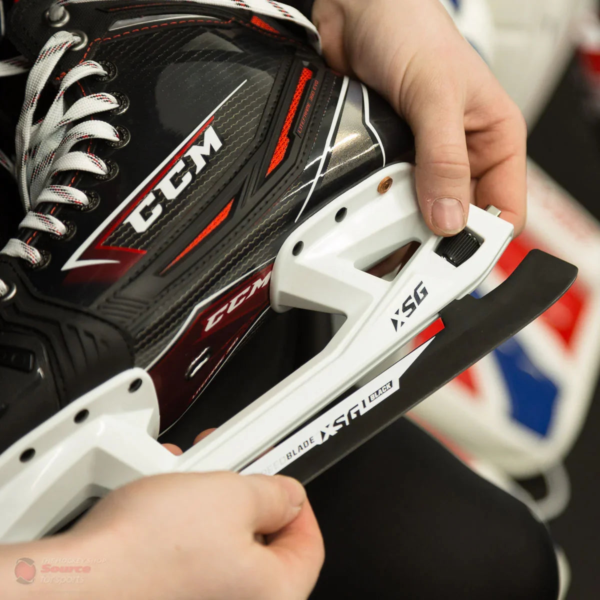 CCM Jetspeed FT2 hockey skate with XSG blade, shown in close-up at The Hockey Shop