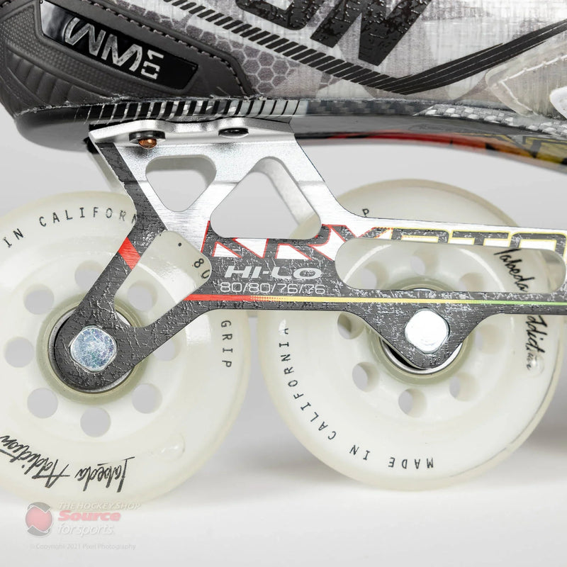 Close-up of inline hockey skate wheel and frame detail from The Hockey Shop equipment selection