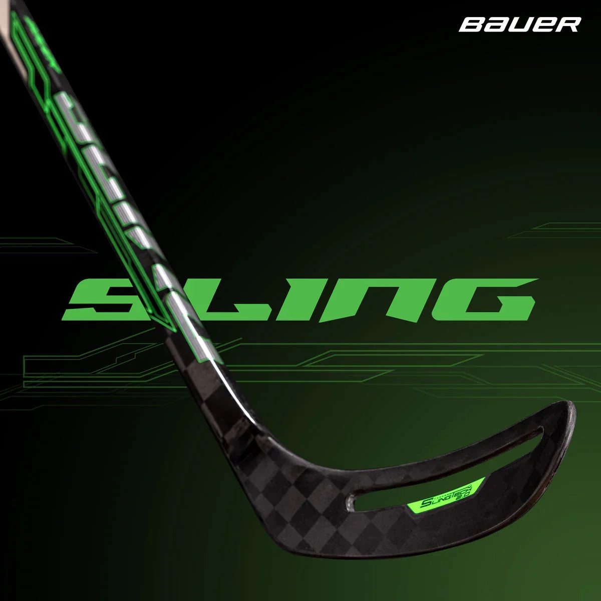 Bauer Sling hockey stick close-up with green graphics on black background at TheHockeyShop.com