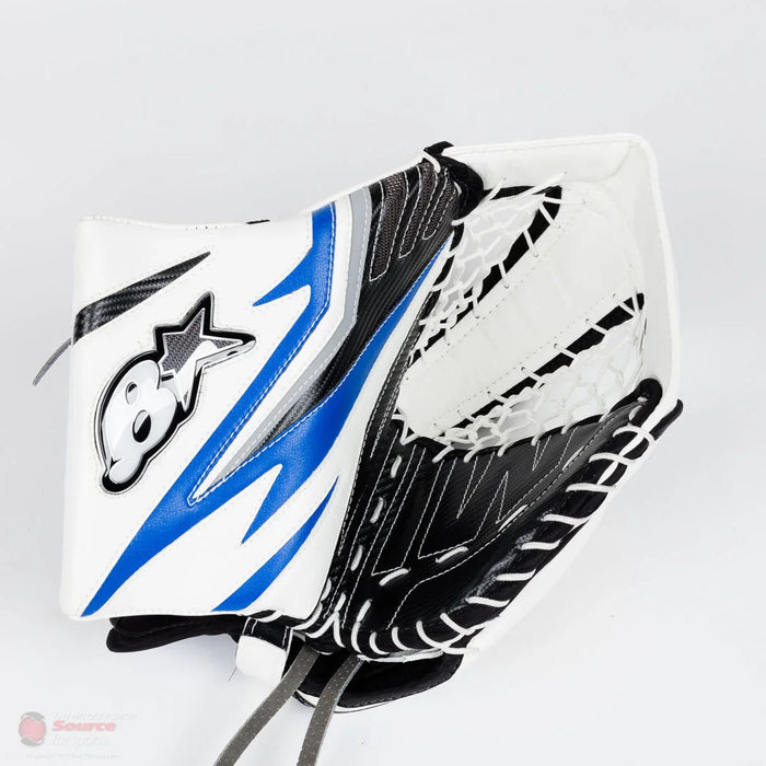 Brian's Optik 2 Pro SR white, black, and blue goalie catcher glove on white background