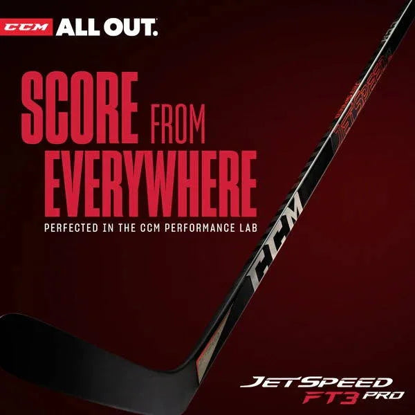CCM JetSpeed FT3 Pro hockey stick on red background, TheHockeyShop.com equipment ad
