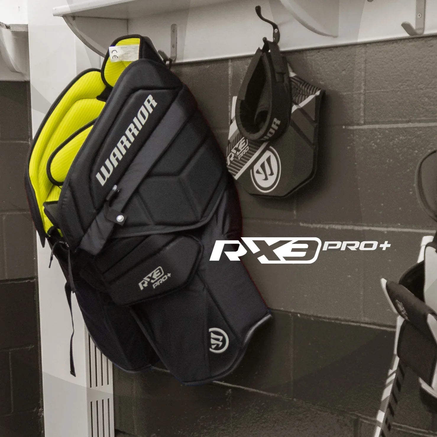 Warrior RX3 Pro+ goalie pants hanging in hockey locker room at TheHockeyShop.com