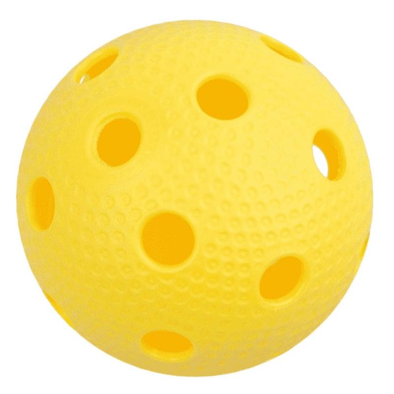 Small plastic ball used for Floorball. Floorball, pickleball, wiffle, wiffleball, plastic ball, ball with holes, ball with pock marks.