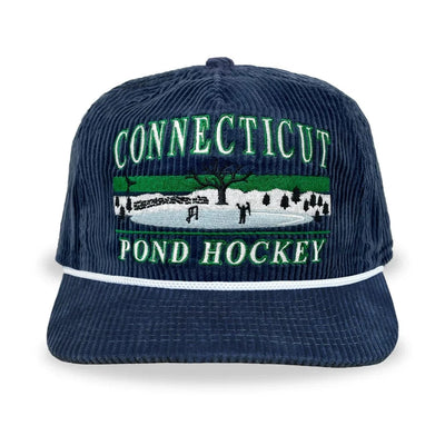 Navy blue cap with 'Connecticut Pond Hockey' text and graphics on a white background