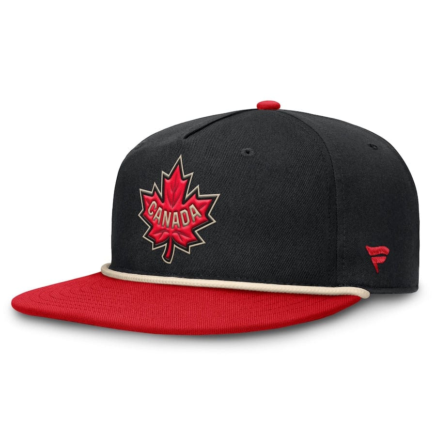 Men's Canada Fanatics Black/Red 2025 4 Nations Face-Off Golfer Snapback Hat - TheHockeyShop.com