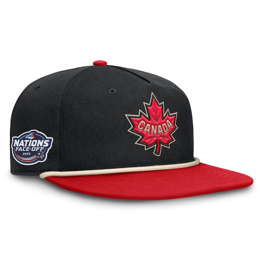 Men's Canada Fanatics Black/Red 2025 4 Nations Face-Off Golfer Snapback Hat - TheHockeyShop.com