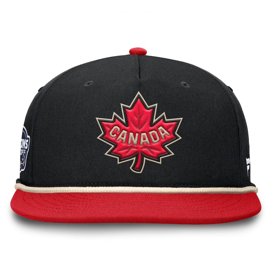 Men's Canada Fanatics Black/Red 2025 4 Nations Face-Off Golfer Snapback Hat - TheHockeyShop.com