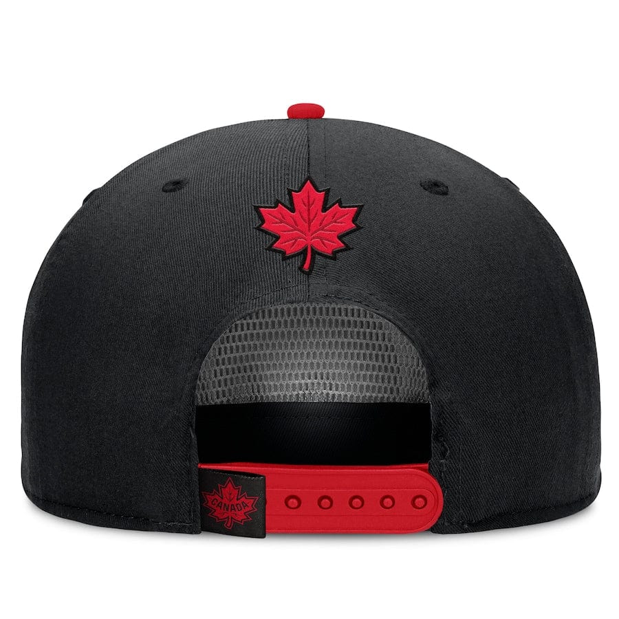 Men's Canada Fanatics Black/Red 2025 4 Nations Face-Off Golfer Snapback Hat - TheHockeyShop.com