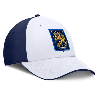 Men's Finland Fanatics White/Navy 2025 4 Nations Face-Off Stretch Fit Hat - TheHockeyShop.com