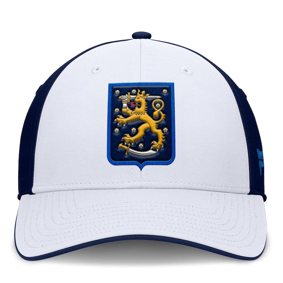 Men's Finland Fanatics White/Navy 2025 4 Nations Face-Off Stretch Fit Hat - TheHockeyShop.com