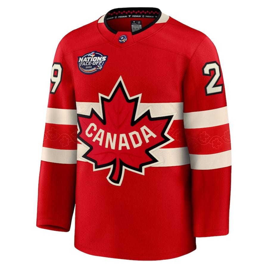 Men's Canada Nathan MacKinnon Fanatics Red 2025 4 Nations Face-Off Premium Player Jersey - TheHockeyShop.com