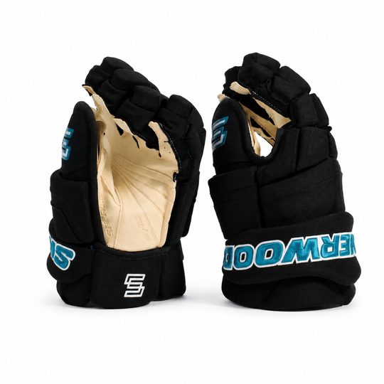 Sherwood Code Photon 1 Pro Stock Senior Hockey Gloves - San Jose Sharks Black / Teal 13" - The Hockey Shop