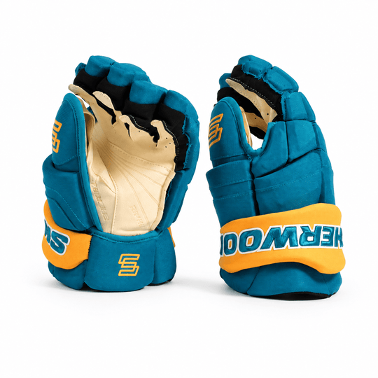 Sherwood Code Photon 1 Pro Stock Senior Hockey Gloves - San Jose Sharks Teal / Yellow 13" - The Hockey Shop