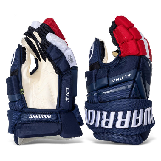 Warrior Alpha LX3 Pro Stock Senior Hockey Gloves - USA 4 Nations Red / Royal/White 13" - The Hockey Shop
