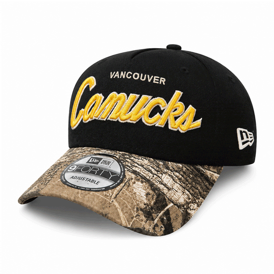 NewEra NHL 9Forty A-Frame Script Patch Snapback Hat - Vancouver Canucks Skate - Black / Realtree Camo OSFM - The Hockey Shop