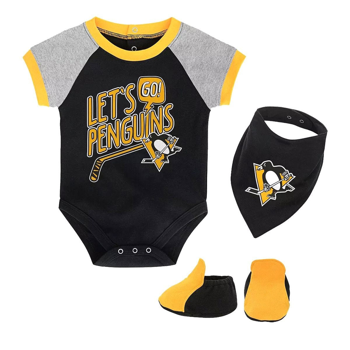 Pittsburgh Penguins Outer Stuff NHL Let's Go Team Creeper Baby Bib & Bootie Set