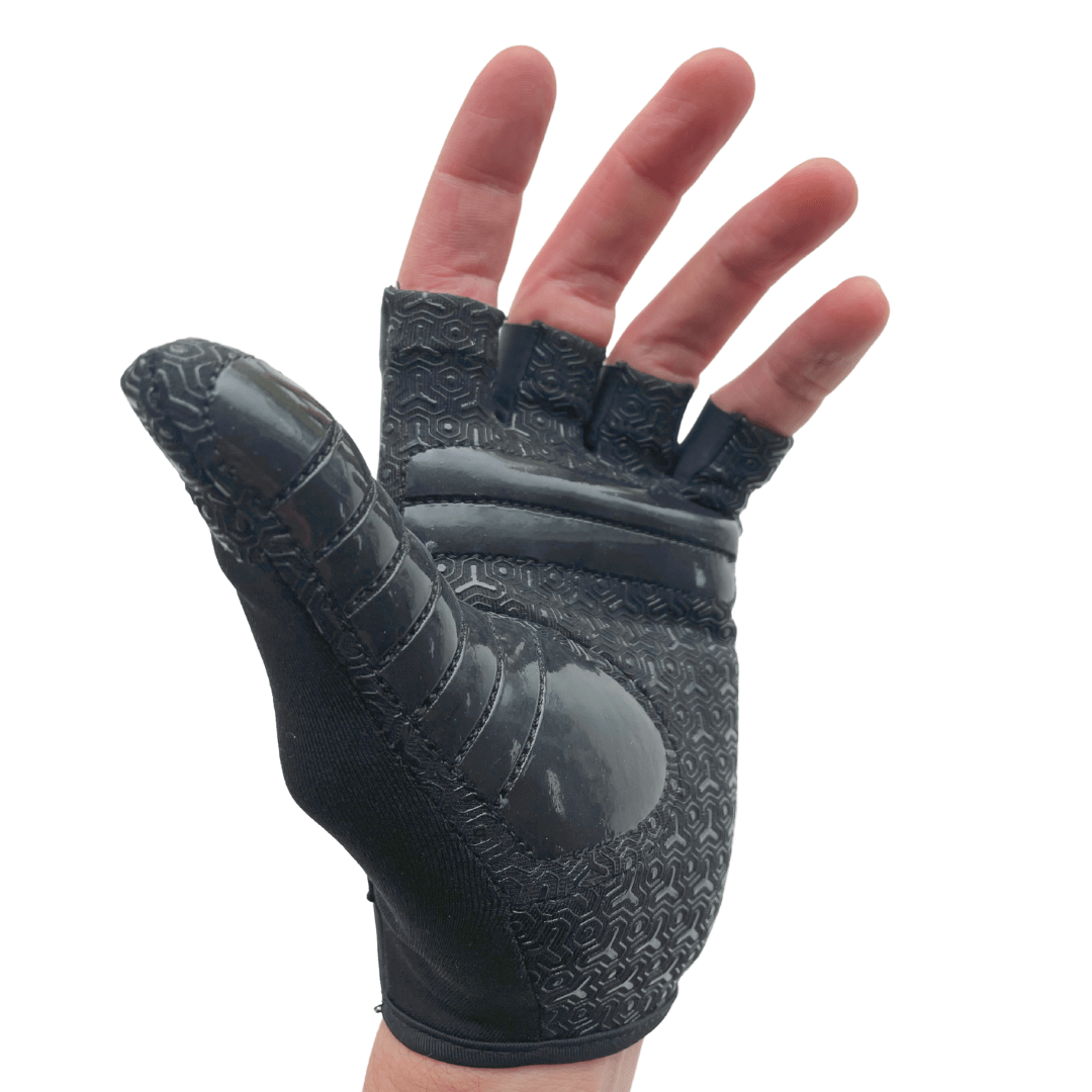 Inner glove designed for goalies to provide extra protection underneath a blocker or catcher. Inner glove, fingerless glove, finger less glove, no finger glove, protective glove, goalie underglove