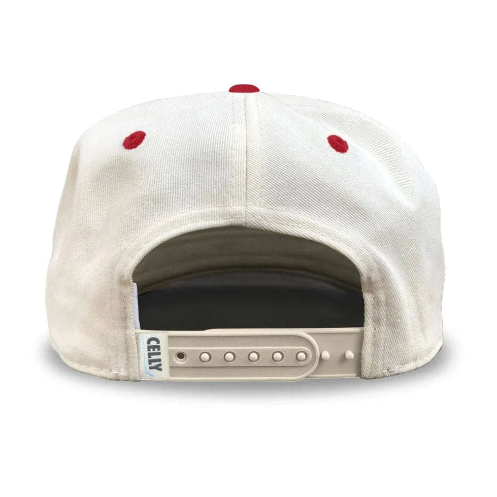 Back view of a white cap with red buttons on a white background