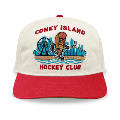 Cap with 'Coney Island Hockey Club' design featuring a hot dog player and Ferris wheel on a white background.