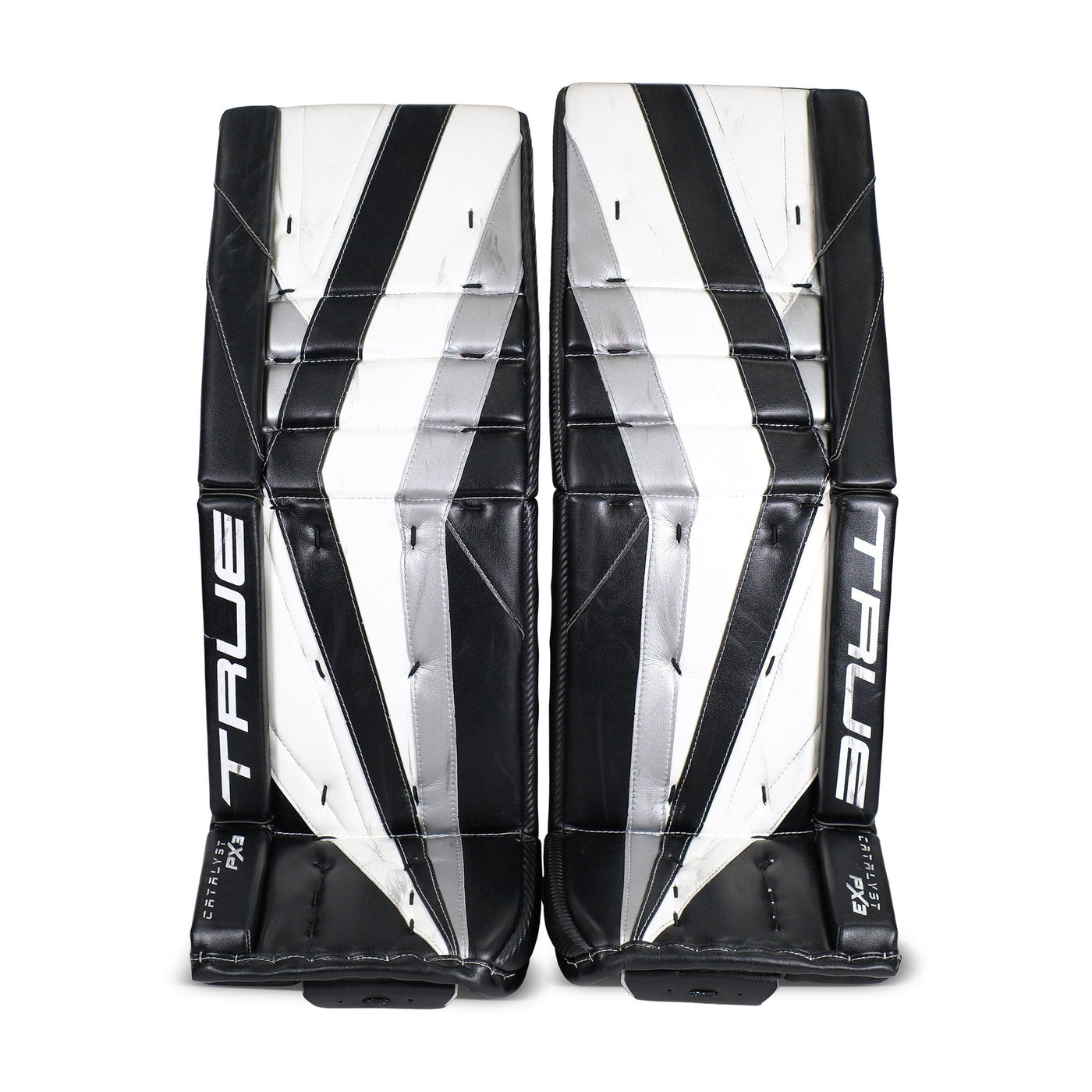 True Catalyst PX3 Senior Goalie Leg Pads - White / Black / Silver 33+2 - USED - TheHockeyShop.com