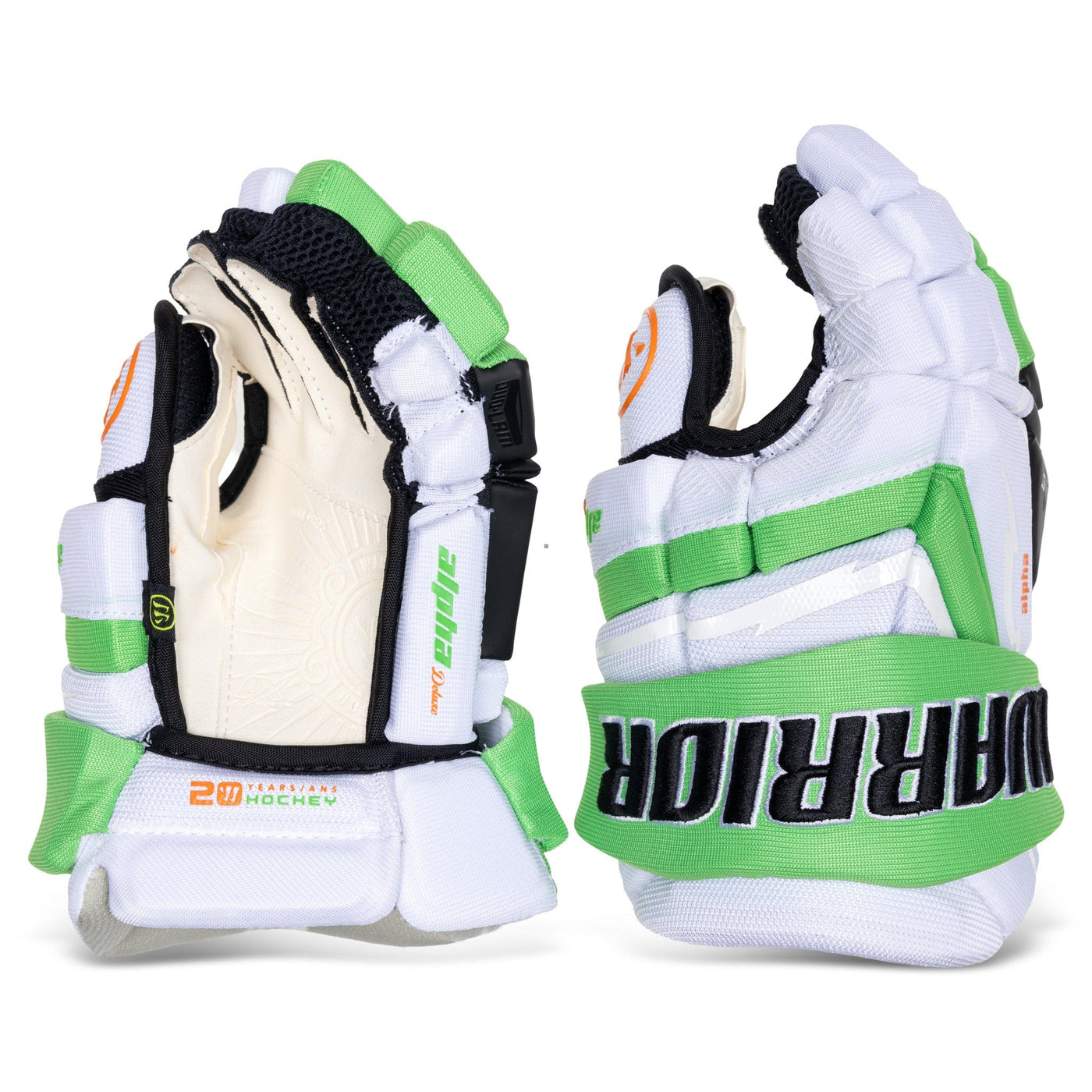 Warrior Gloves Warrior Alpha Deluxe Junior Hockey Gloves White / Green / 10" - TheHockeyShop