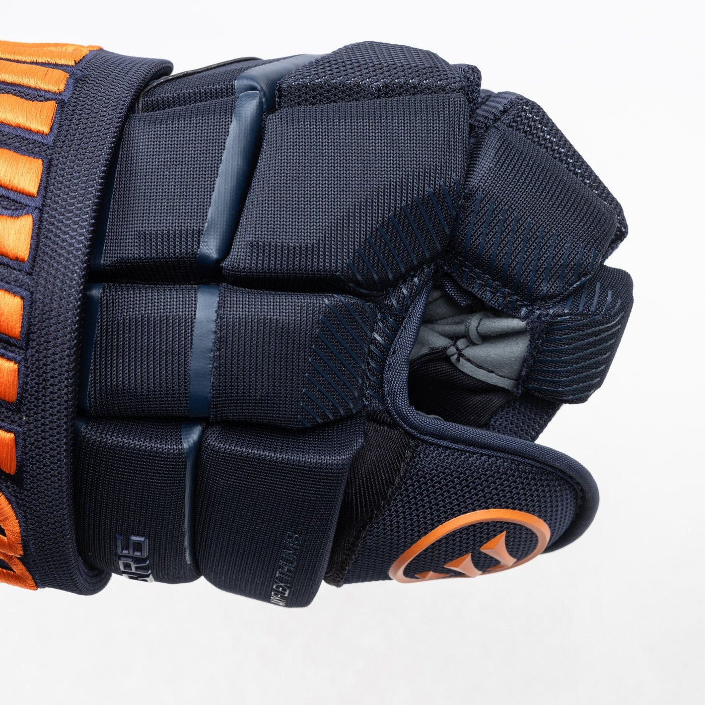 Warrior QR6 Pro Stock Senior Hockey Glove - Edmonton Oilers Royal/Orange - TheHockeyShop.com