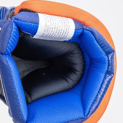 Warrior QR6 Pro Stock Senior Hockey Glove - Edmonton Oilers Royal/Orange - TheHockeyShop.com