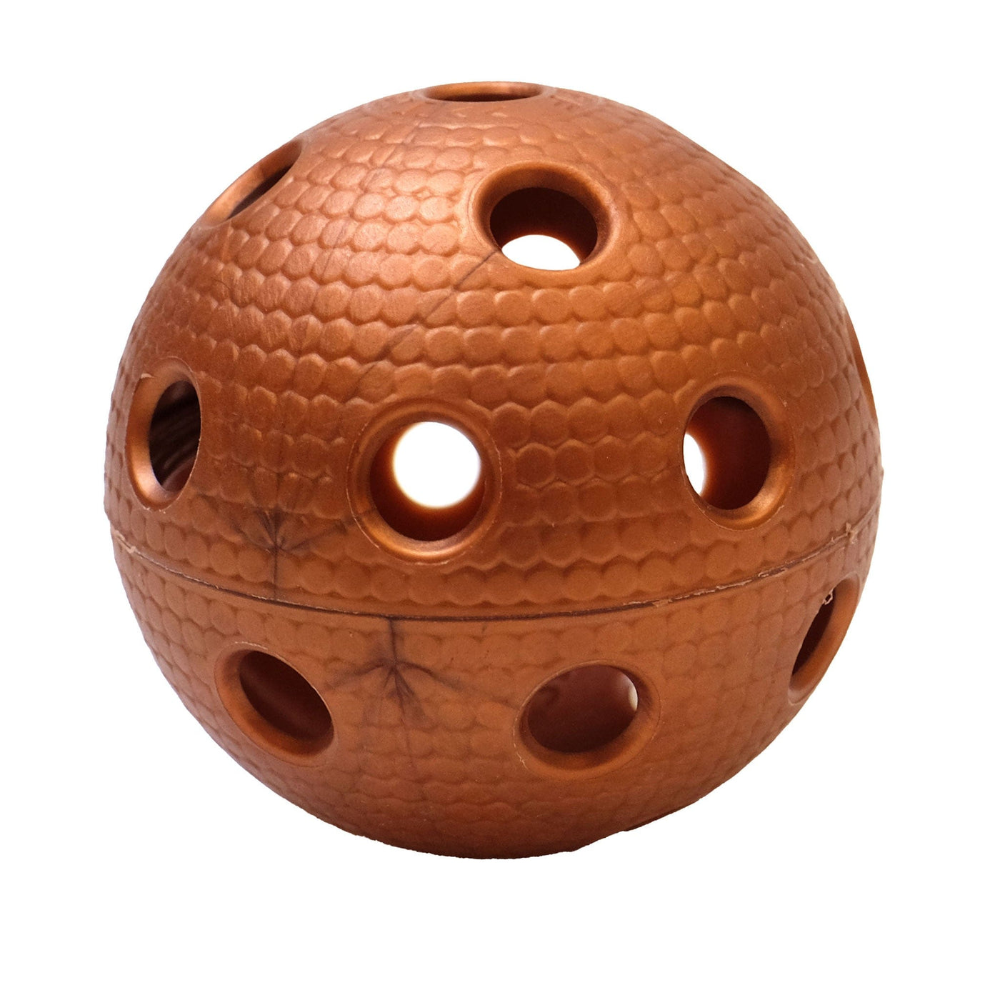 Small plastic ball used for Floorball. Floorball, pickleball, wiffle, wiffleball, plastic ball, ball with holes, ball with pock marks.
