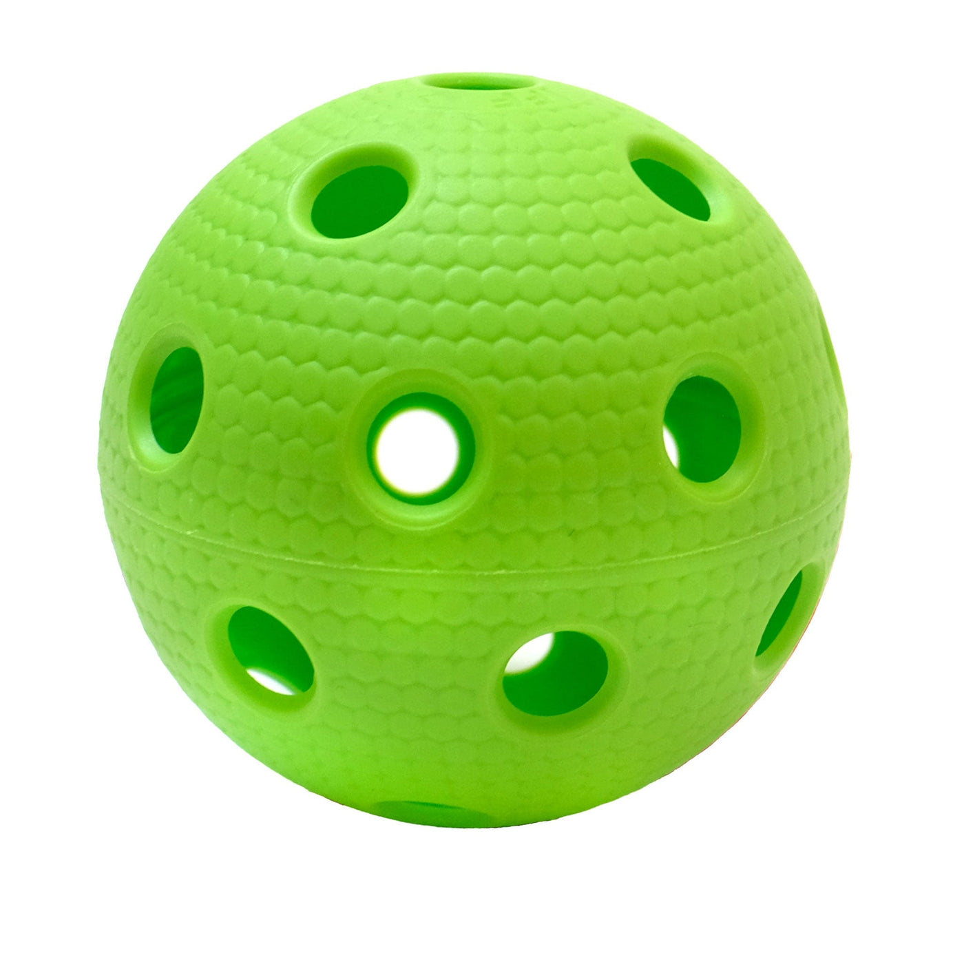 Small plastic ball used for Floorball. Floorball, pickleball, wiffle, wiffleball, plastic ball, ball with holes, ball with pock marks.