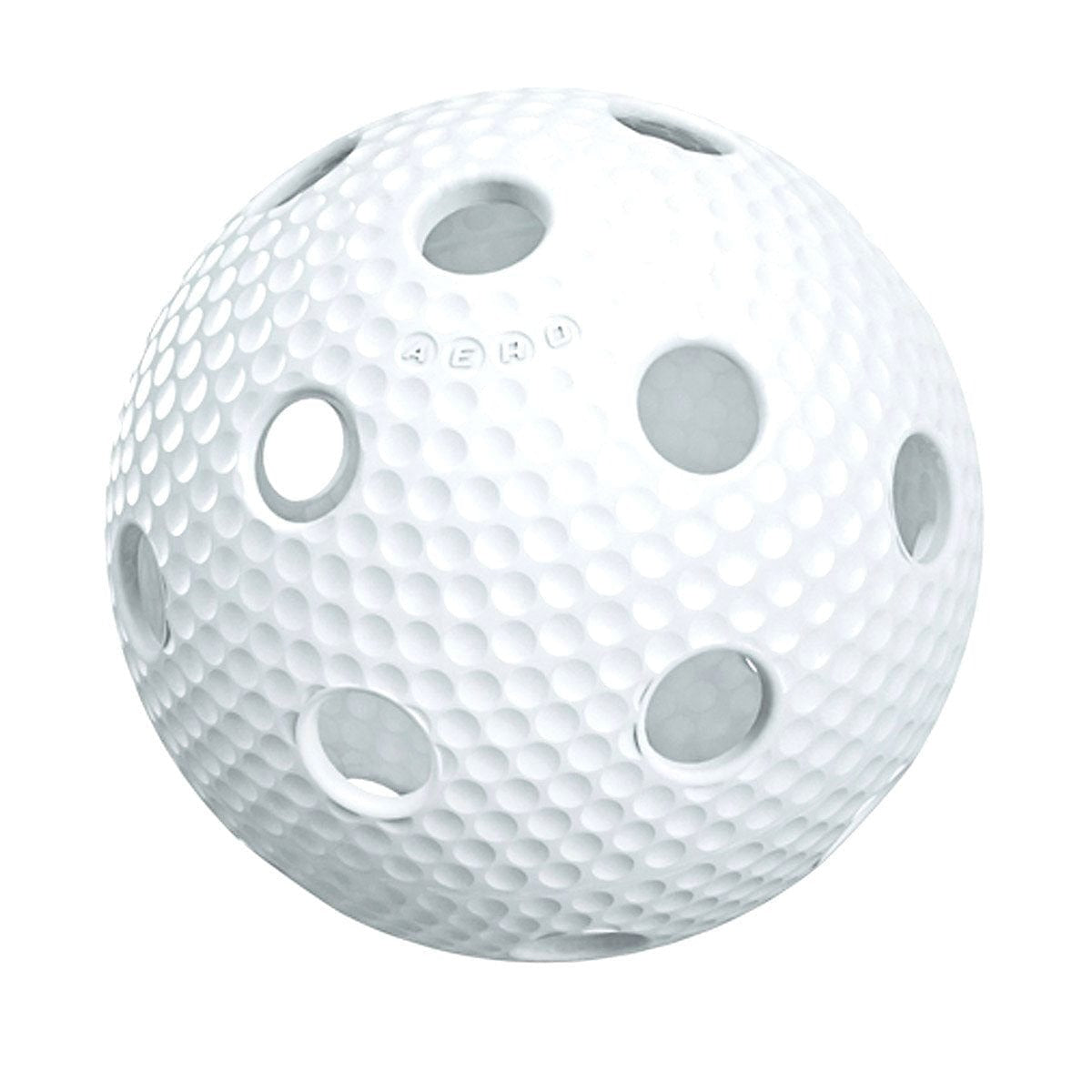 Small plastic ball used for Floorball. Floorball, pickleball, wiffle, wiffleball, plastic ball, ball with holes, ball with pock marks.